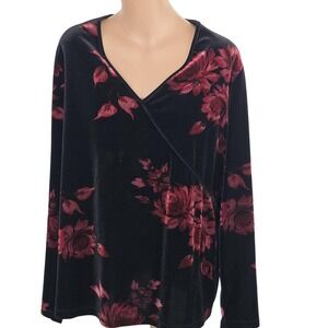Lane Bryant Shirt Womens 22/24 Black Red Velvet Floral V Neck Long‎ Sleeve Plus